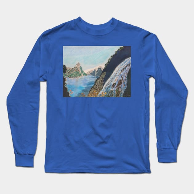 Bowen Falls in Milford Sound, New Zealand Long Sleeve T-Shirt by Anton Liachovic